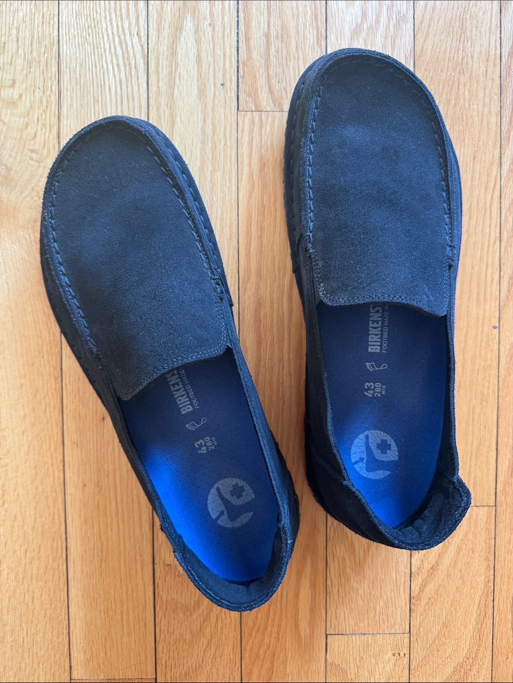 Birkenstock Black Suede Slip-On Loafers with Blue Insole